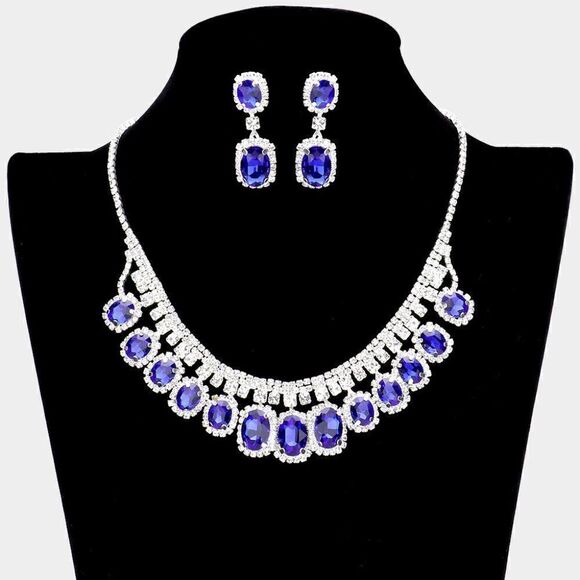 Rhinestone Trim Blue Oval Stone Accented Silver Necklace Set - Picture 1 of 6